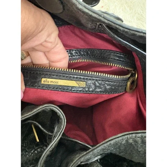 Ella Moss Black Leather Bucket Bag Hobo Purse Tassel Drawstring Shoulder Bag - Picture 10 of 10